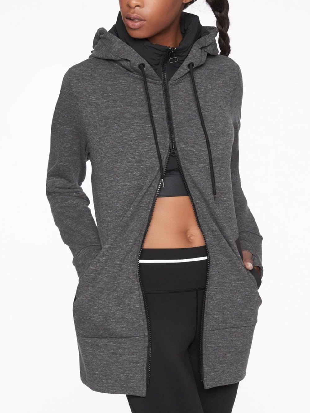 Athleta Victory Long Charcoal Heather Gray Long Zip Hoodie Jacket Large